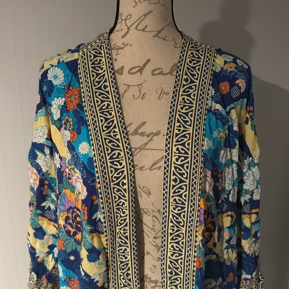 Soft Surroundings Open Front Kimono Cardigan Womens L/XL Blue Floral Artsy Boho - Picture 4 of 6